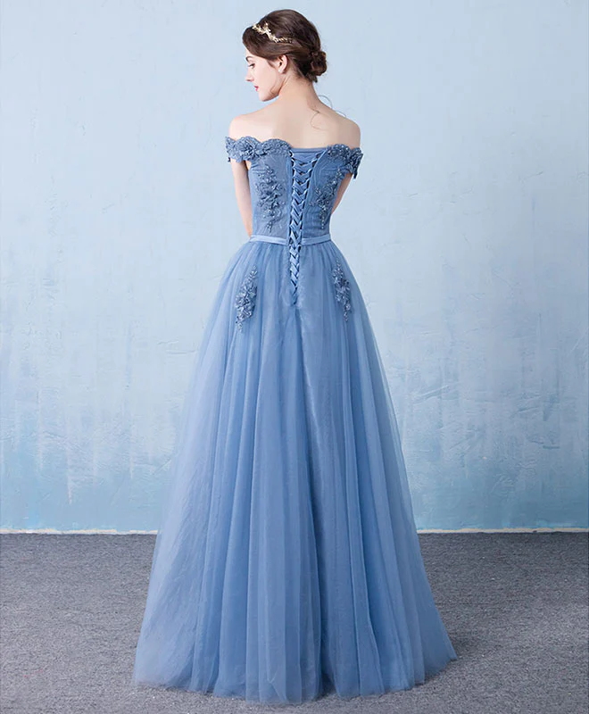 Blue Tulle Lace Off Shoulder Long Prom Dress, Bridesmaid Dress withe Beading - Deanwangkt