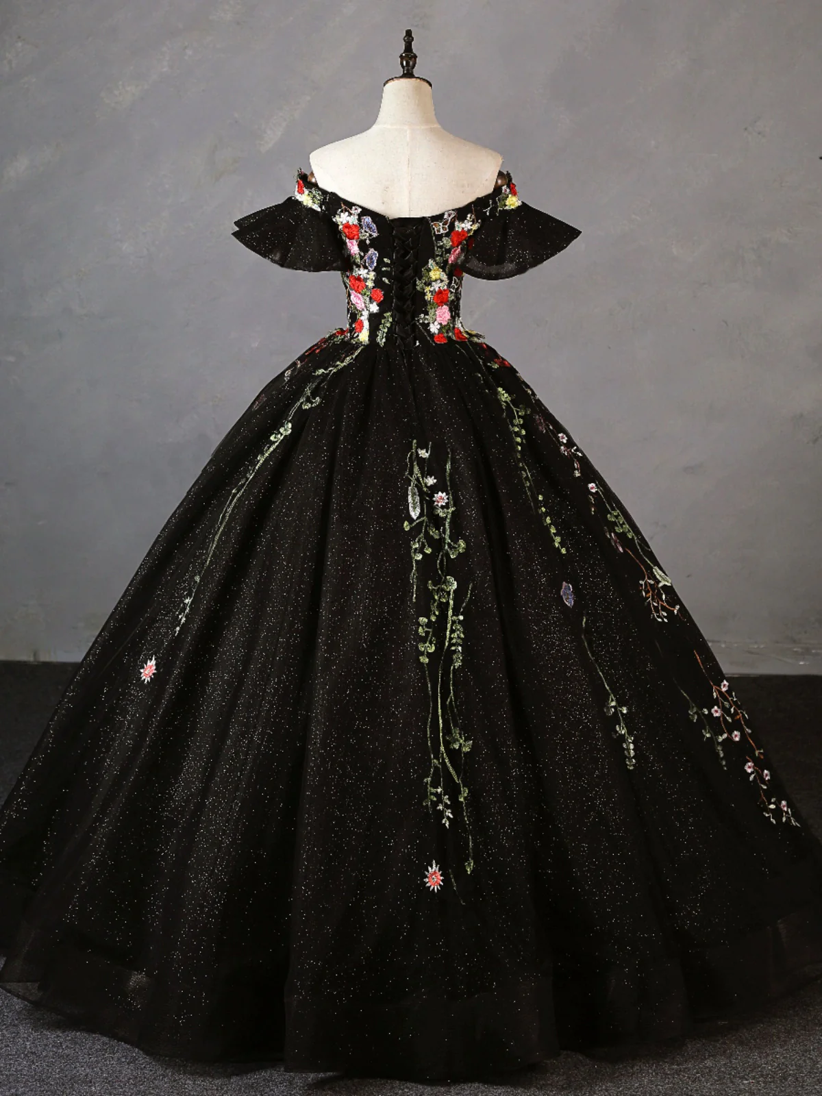 A- Line Tulle Lace Black Long Prom Dress, Black Lace Sweet 16 Dress - Deanwangkt