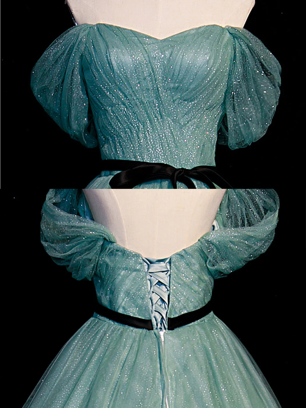 Green A line Tulle Sequin Long Prom Dress, Green Tulle Graduation Dress - Deanwangkt