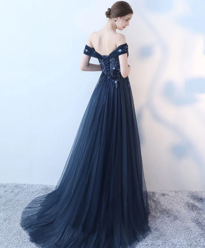 Blue Lace Tulle Long Prom Dress, Lace Evening Dress - Deanwangkt