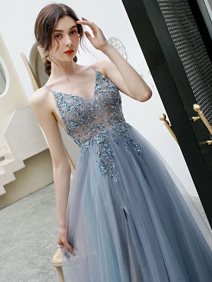 Gray blue v neck tulle beads long prom dress, gray tulle formal dress - Deanwangkt