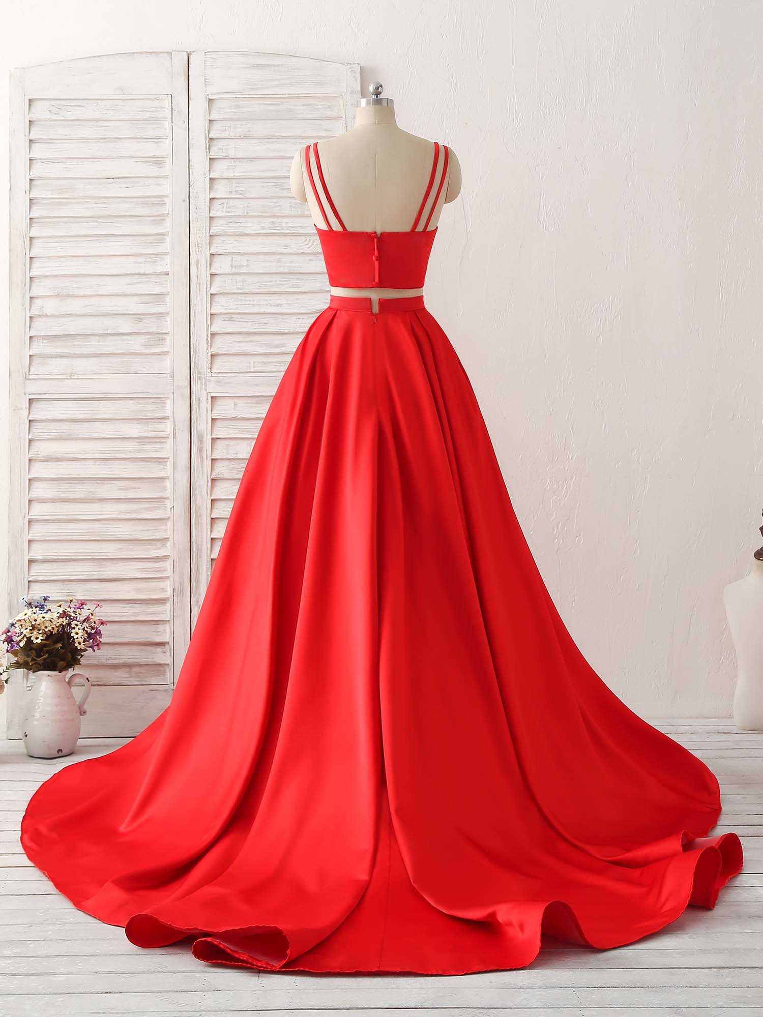 Red Two Pieces Satin Long Prom Dress Simple Red Evening Dress - Deanwangkt