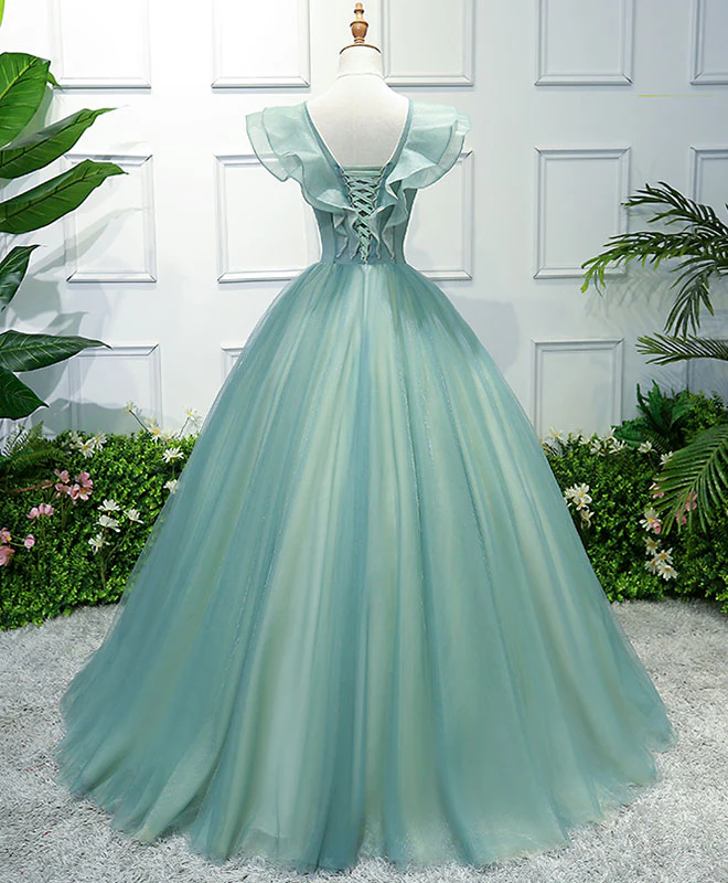 Green V Neck Tulle Long Prom Dress, Green Evening Dress - Deanwangkt