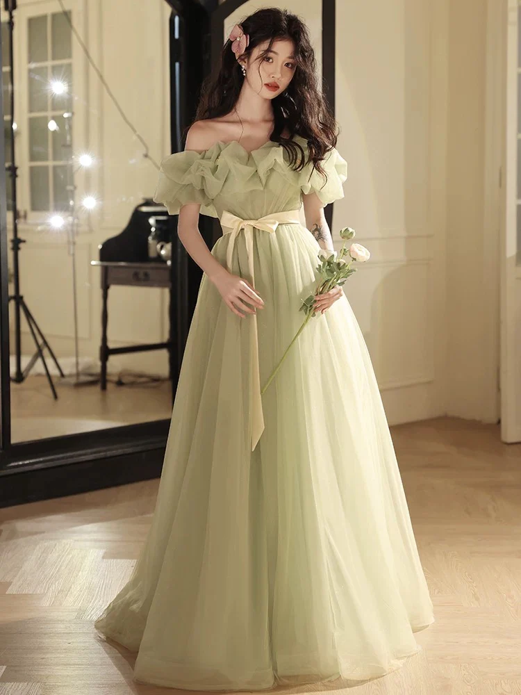 A-Line Off Shoulder Tulle Green Long Prom Dress, Green Long Formal Dress - Deanwangkt