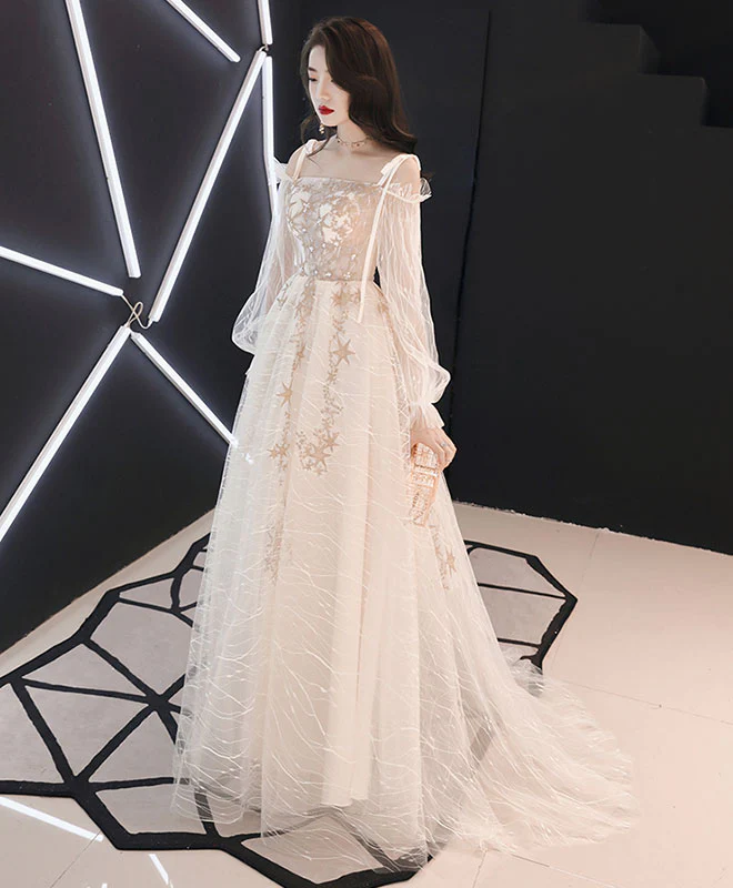 Unique Tulle Lace Long Prom Dress, Tulle Lace Evening Dress - Deanwangkt
