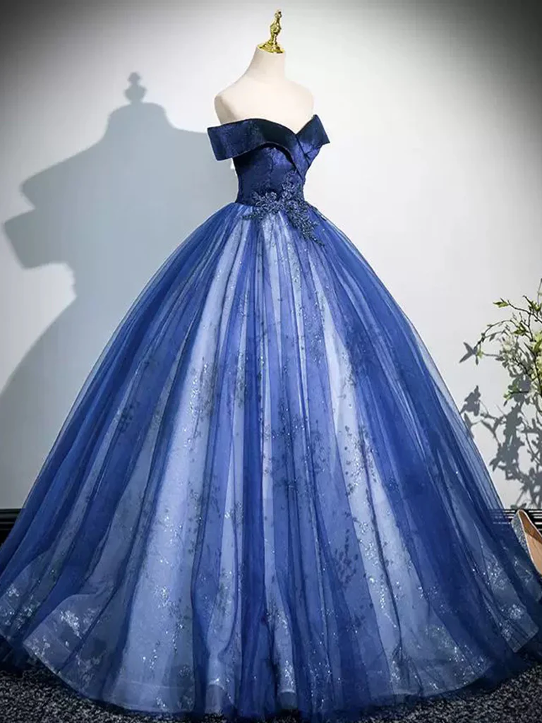 A-Line Off Shoulder Tulle Lace Blue Long Prom Dress, Blue Long Formal Dress - Deanwangkt