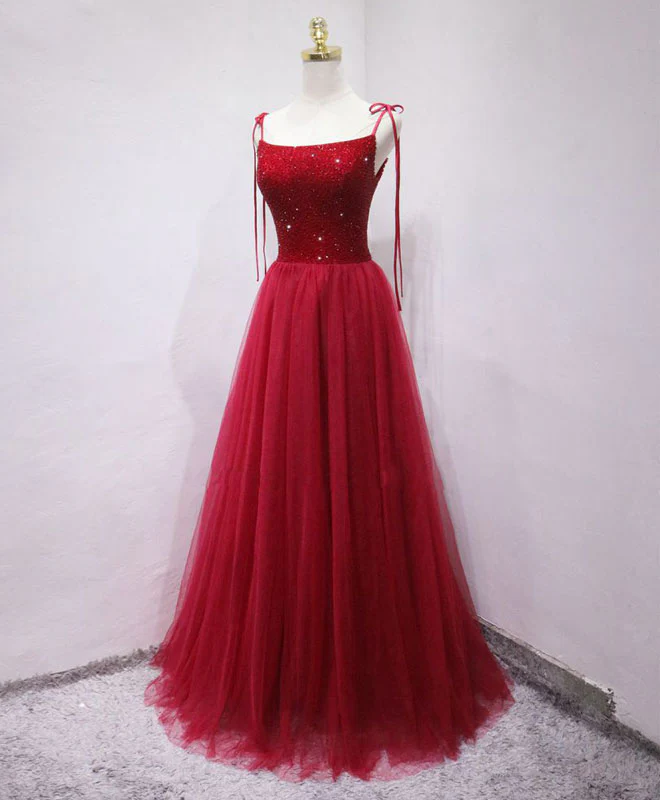Burgundy tulle beads long prom dress, burgundy tulle formal dress - Deanwangkt