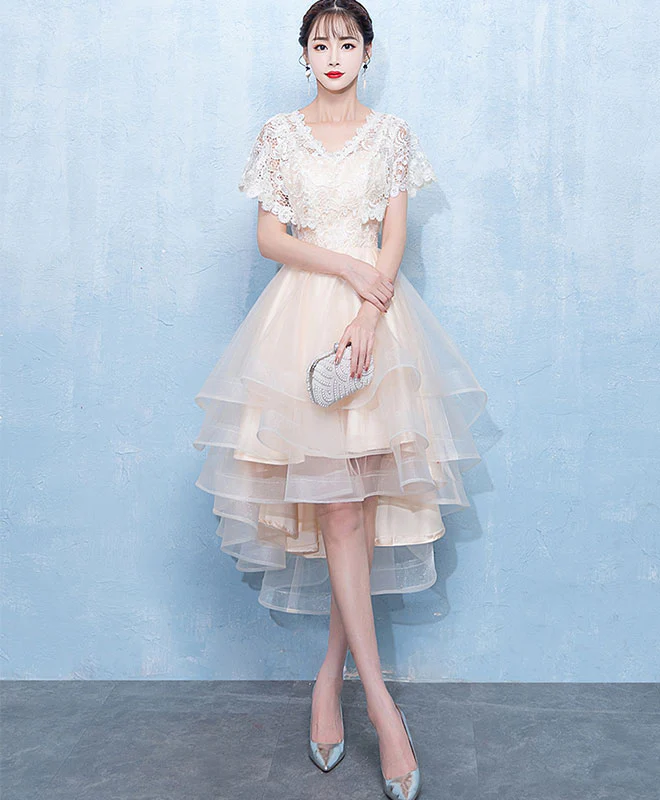 Champagne Tulle Lace Short Prom Dress, Homecoming Dress - Deanwangkt
