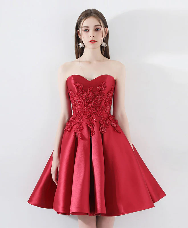 Burgundy Lace Short Prom Dress, Burgundy Homecoming Dress - Deanwangkt