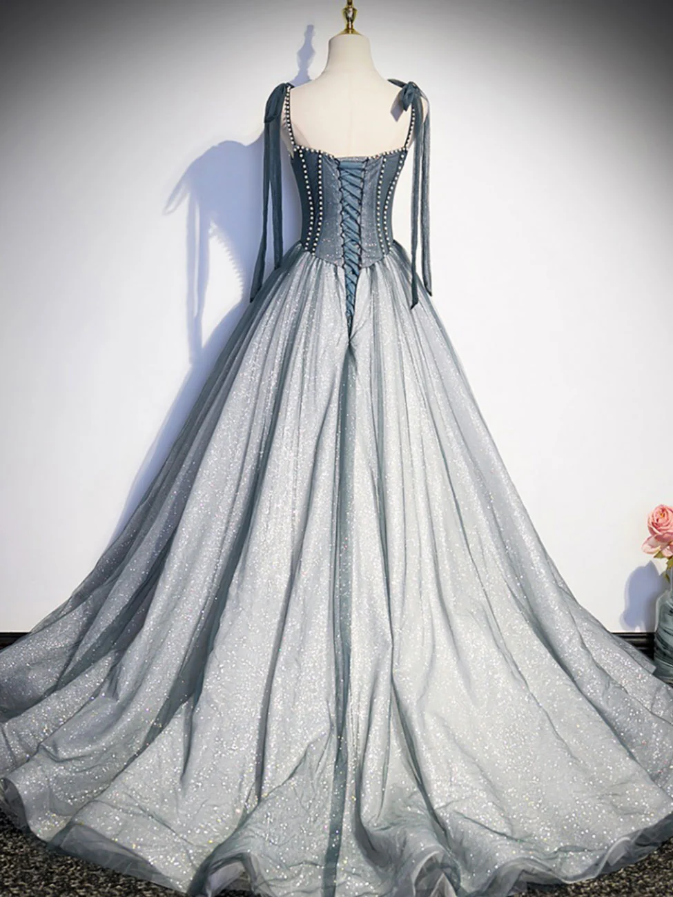 A Line Gray Long Prom Dresses, Tulle Gray Formal Graduation Dress with Beading - Deanwangkt