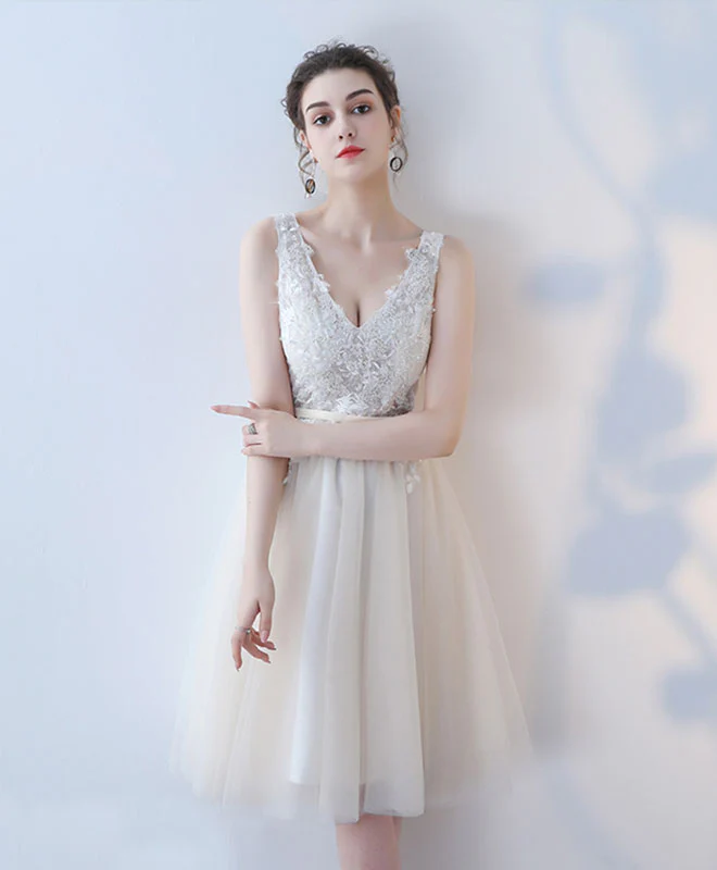 Cute V Neck Lace Tulle Short Prom Dress, Homecoming Dress - Deanwangkt