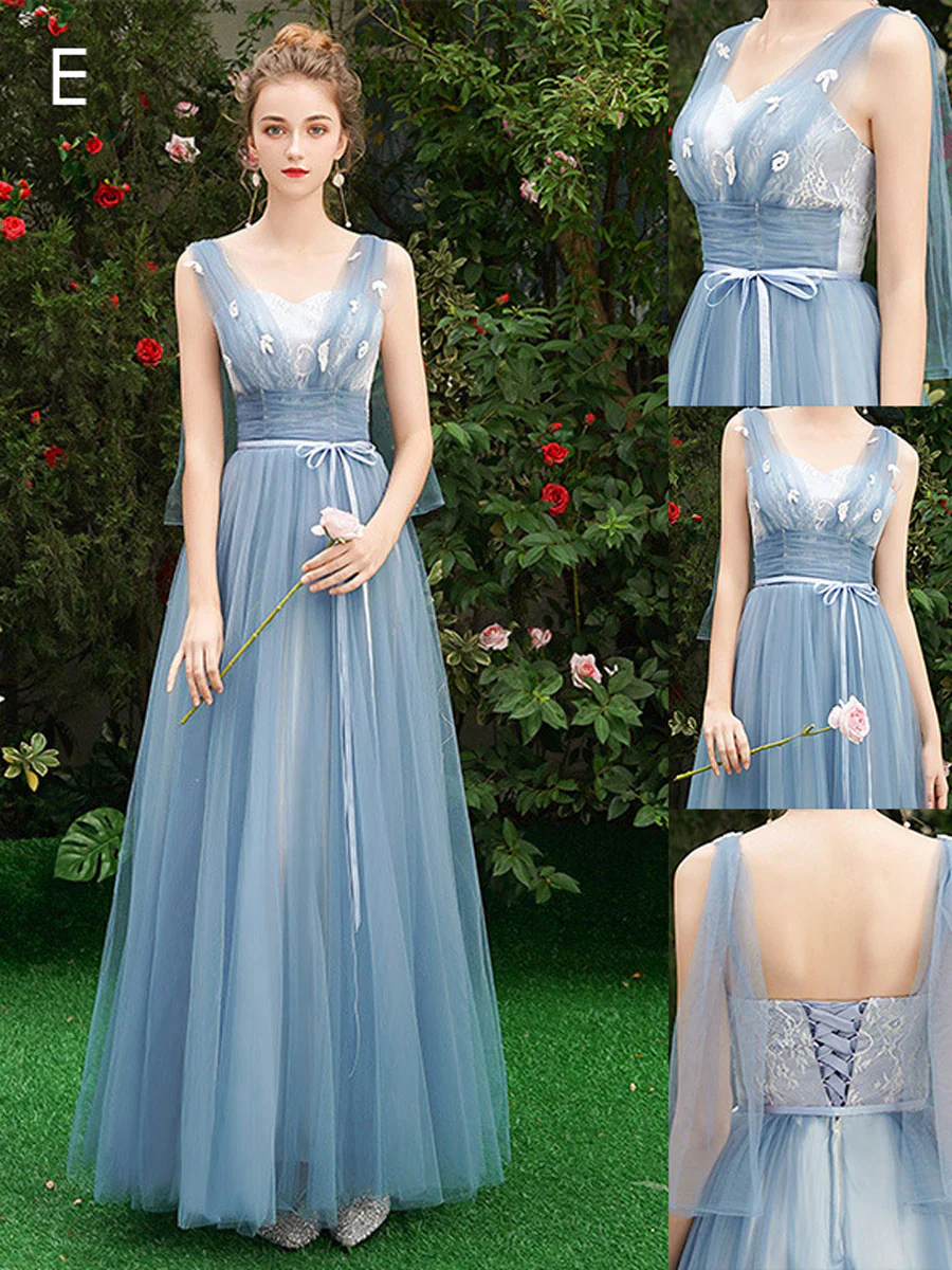 Simple A line Lace Blue Long Prom Dresses, Blue Lace Bridesmaid Dresses - Deanwangkt