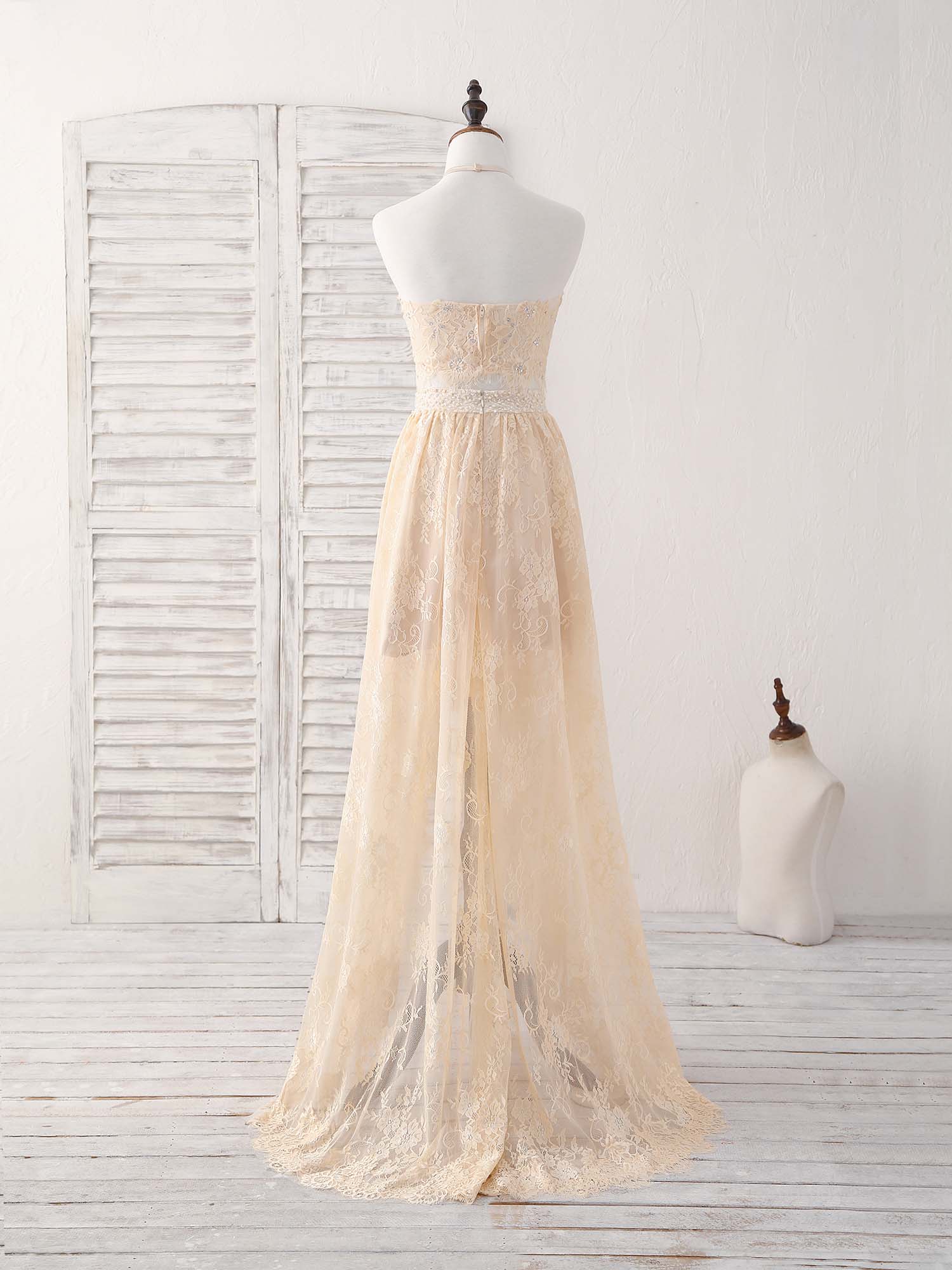 Champagne Two Pieces Lace Long Prom Dress Lace Evening Dress - Deanwangkt