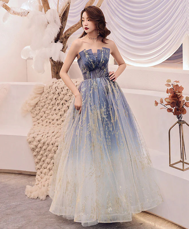 Unique Blue Tulle Long Prom Dress, Blue Evening Graduation Dresses - Deanwangkt