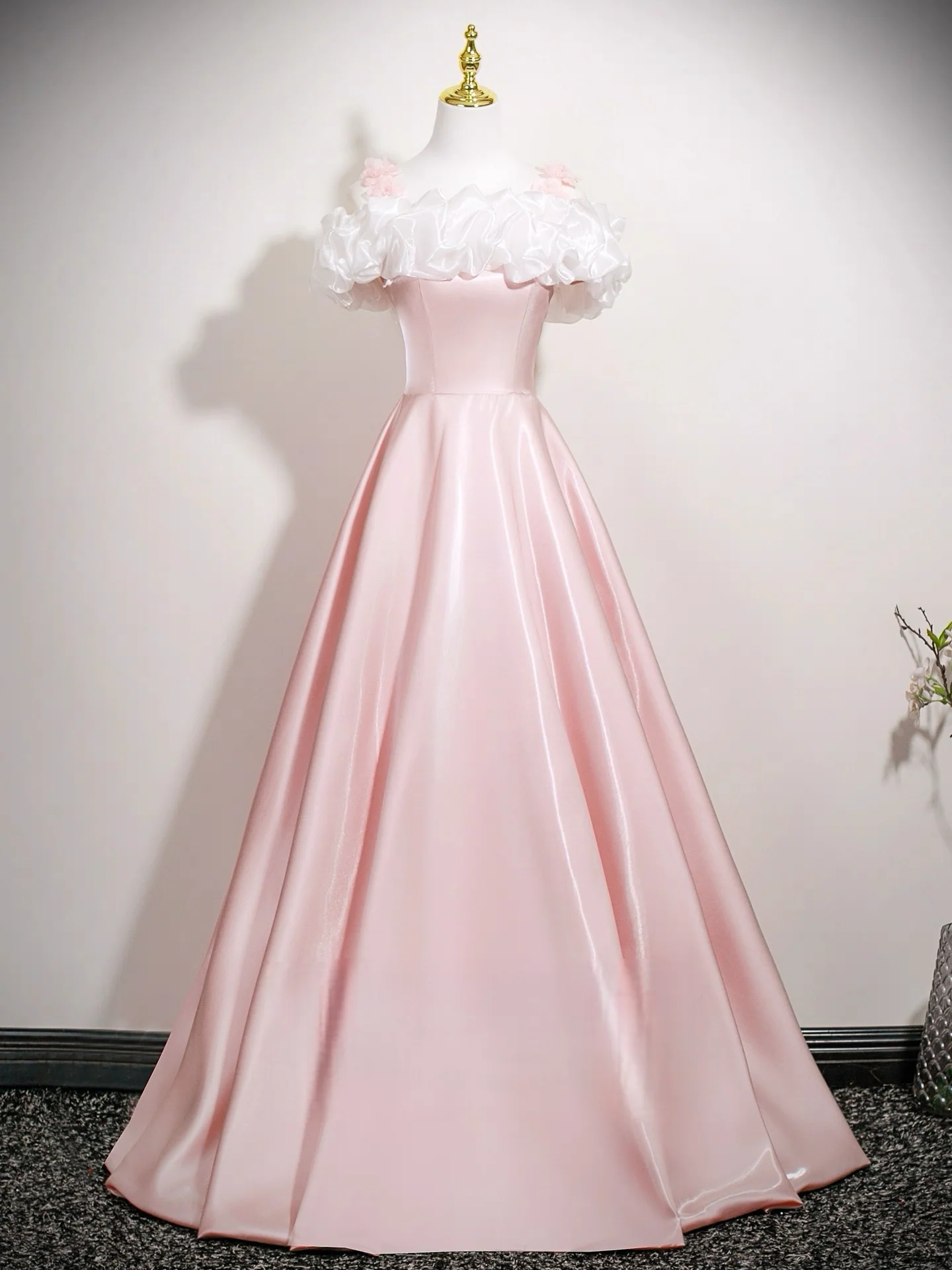 A-Line Off Shoulder Satin Pink Long Prom Dress, Pink Long Formal Dress - Deanwangkt