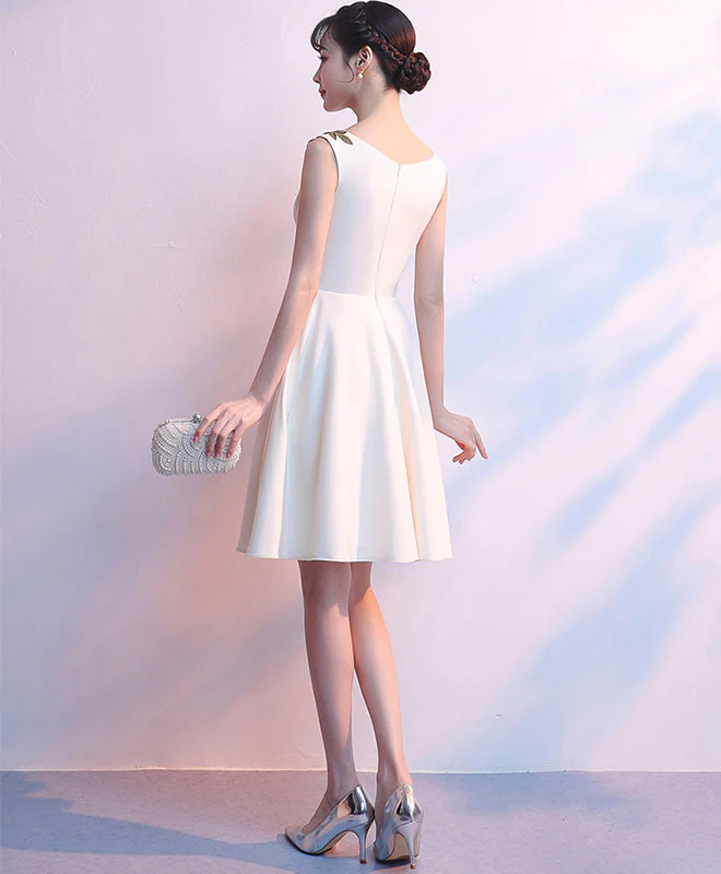 Simple Light Champagne Satin Applique Short Prom Dress, Cute Homecoming Dress - Deanwangkt