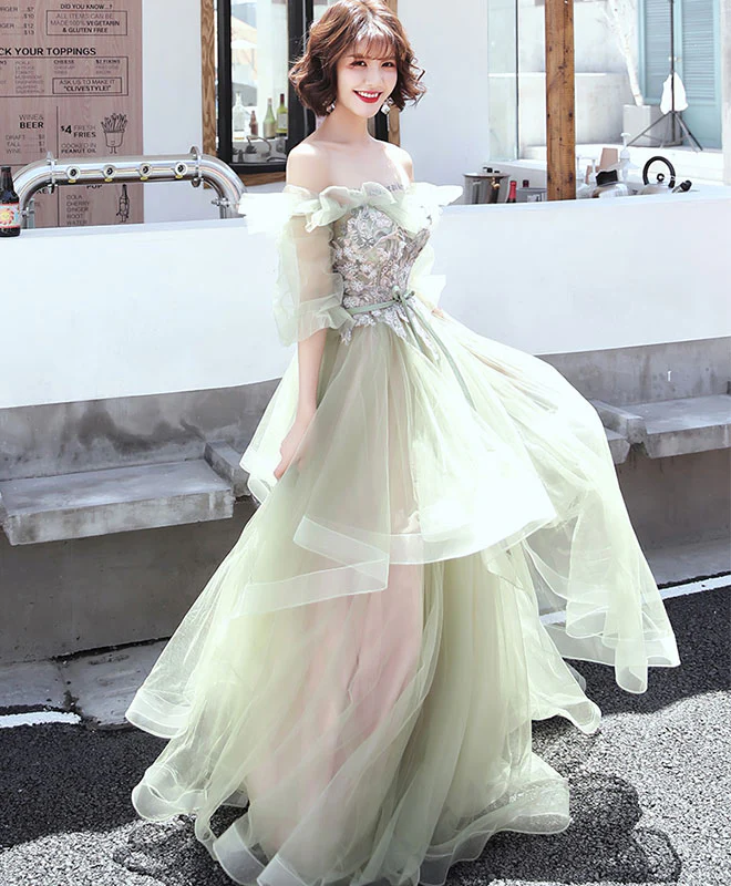 Green Tulle Lace Long Prom Dress, Green Tulle Evening Dress - Deanwangkt