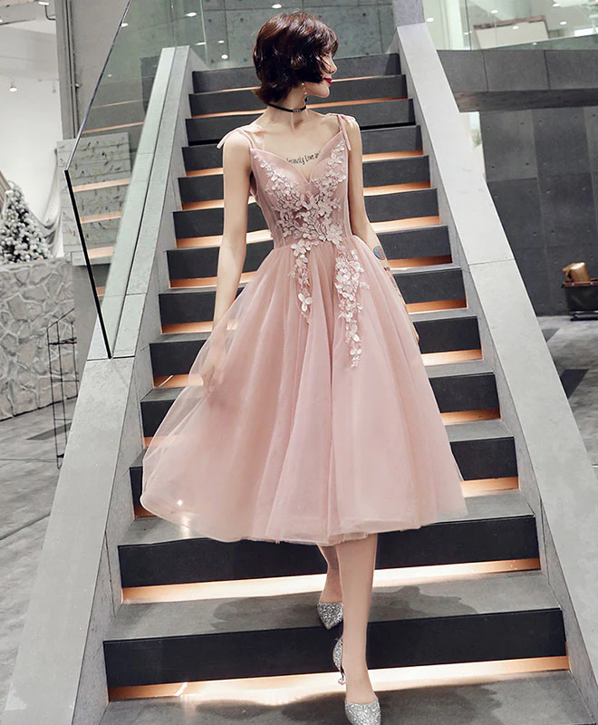 Simple Pink V Neck Tulle Short Prom Dress, Pink Homecoming Dress - Deanwangkt