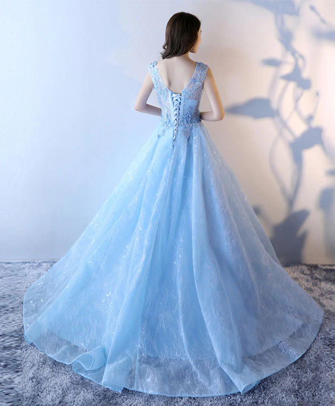 Light Blue Lace Tulle Long Prom Dress, Lace Evening Dress - Deanwangkt
