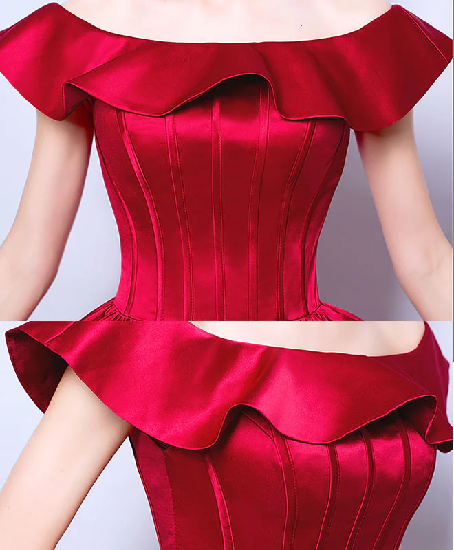 Burgundy Satin Short Prom Dress, Burgundy Evening Dress - Deanwangkt