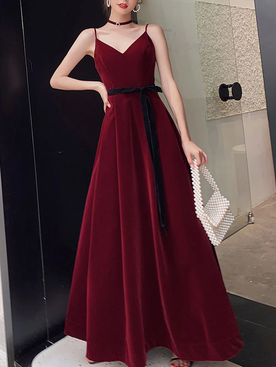 Simple Burgundy Velvet Long Prom Dresses, Burgundy Long Formal Graduation Dresses - Deanwangkt