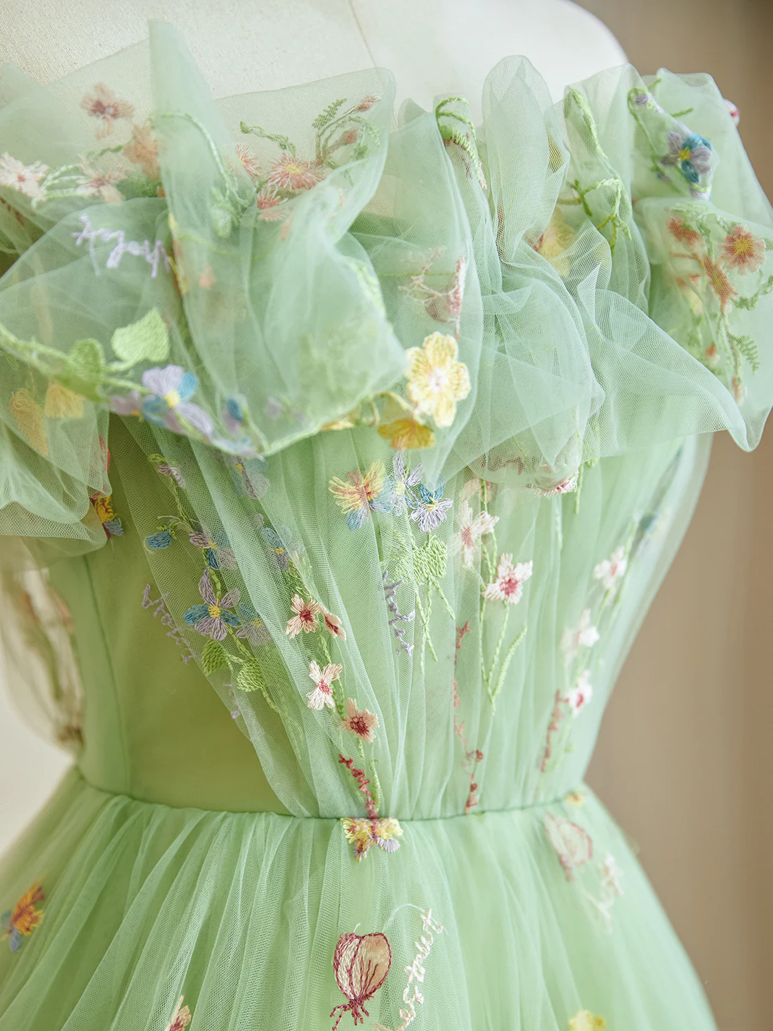 A-Line Off Shoulder Tulle Lace Green Long Prom Dress, Green Lace Long Formal Dress - Deanwangkt