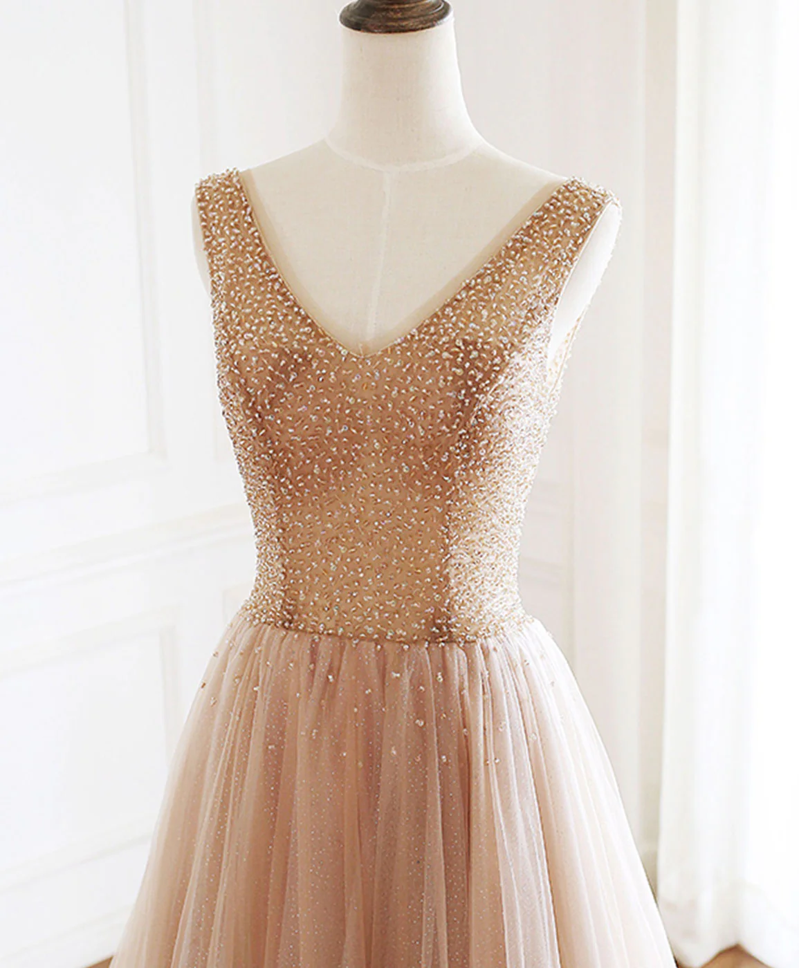 Champagne V Neck Tulle Beads Long Prom Dress Evening Dress - Deanwangkt