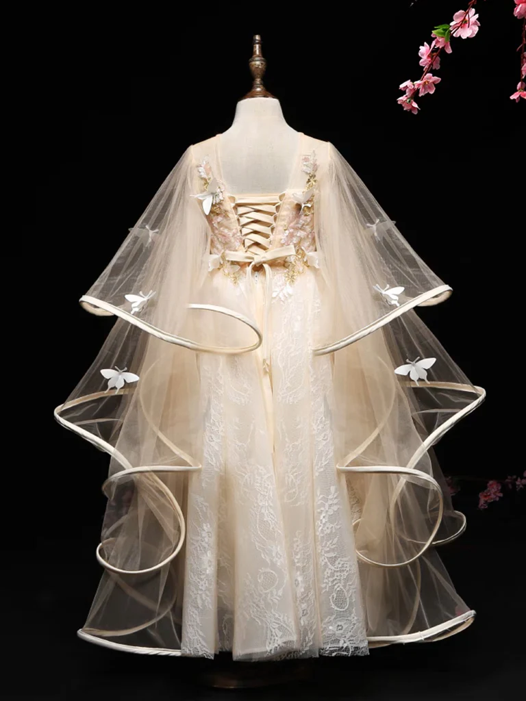 A-Line Tulle Lace Butterfly Champagne Flower Girl Dress - Deanwangkt