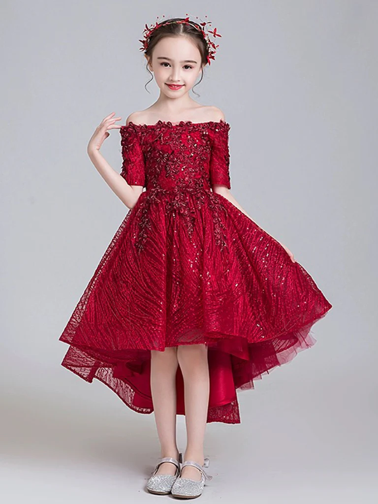 A-Line High Low Tulle Lace Burgundy Flower Girl Dress - Deanwangkt