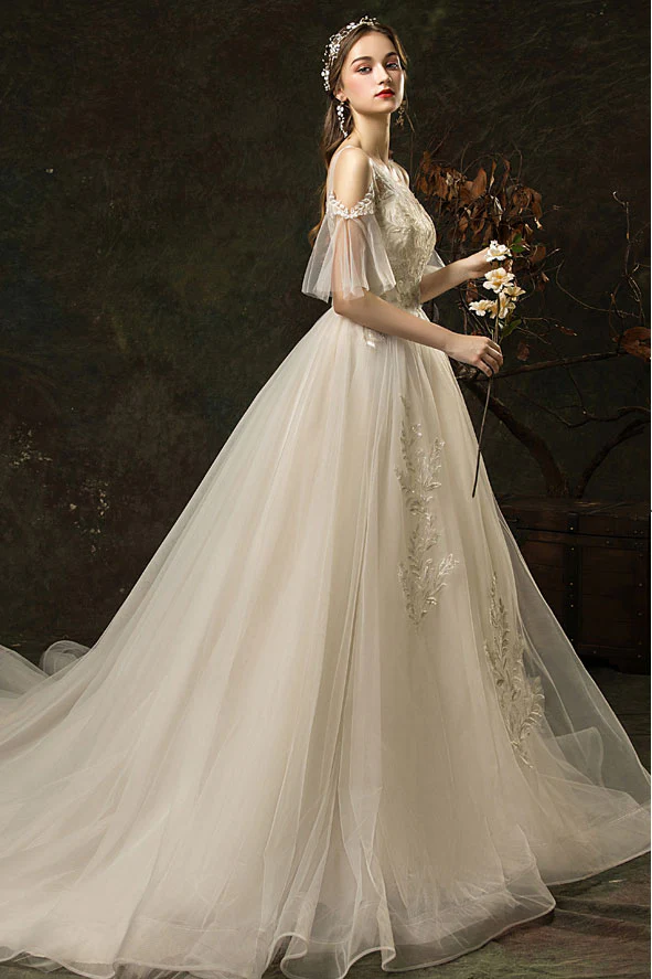 White Round Neck Tulle Lace Long Wedding Dress, Bridal Dress - Deanwangkt