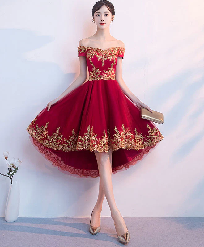 Burgundy Tulle Lace Short Prom Dress, High Low Homecoming Dress - Deanwangkt
