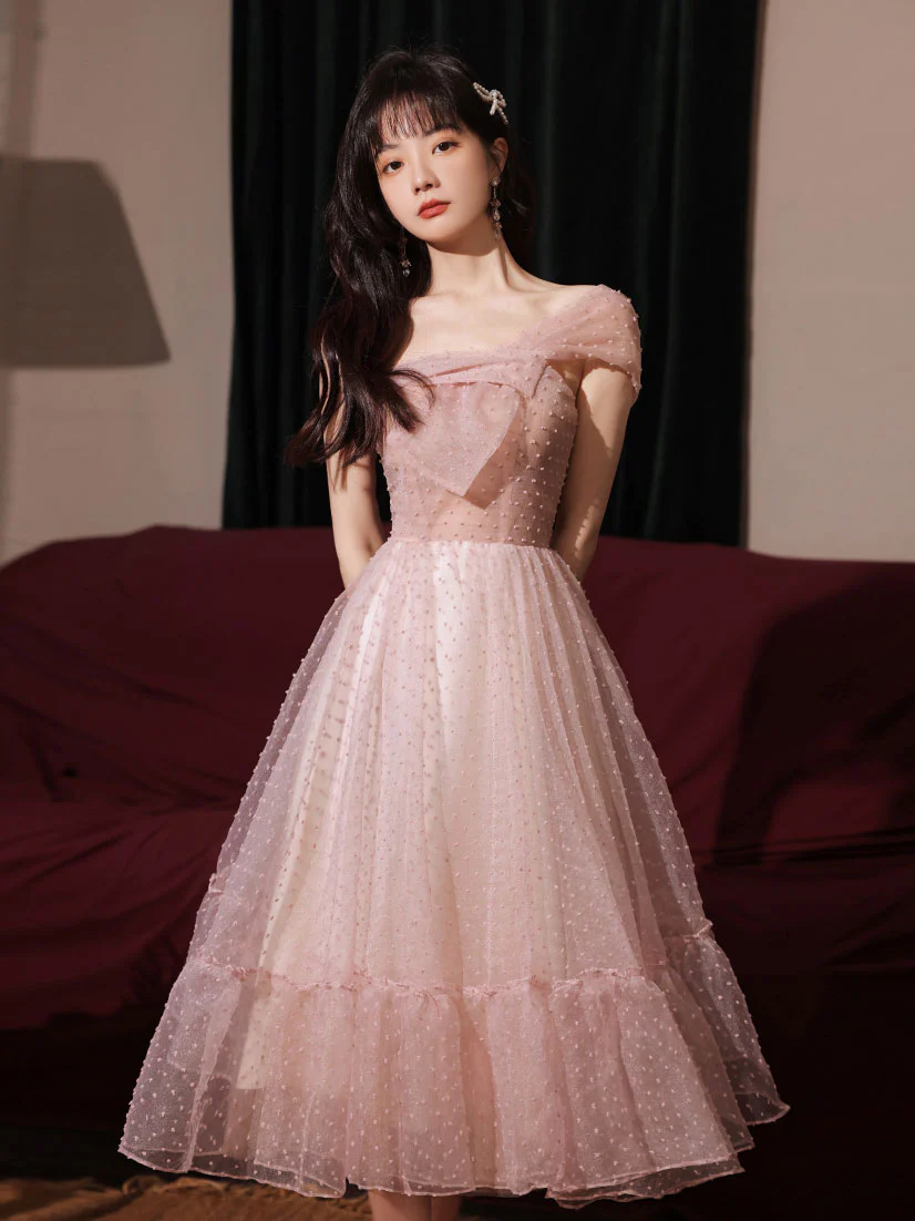Pink One Shoulder Short Prom Dress, Cute Puffy Pink Homecoming Dresses - Deanwangkt