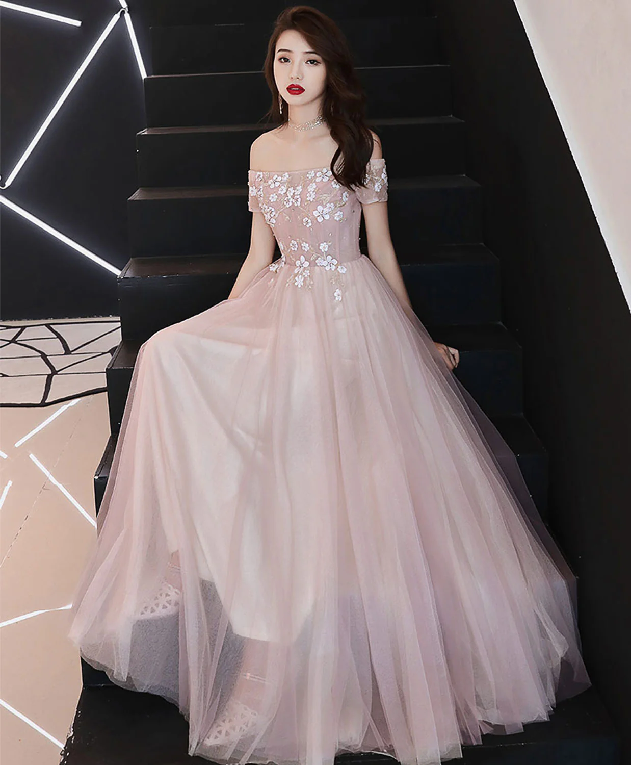 Pink Tulle Lace Long Prom Dress, Pink Bridesmaid Dress - Deanwangkt