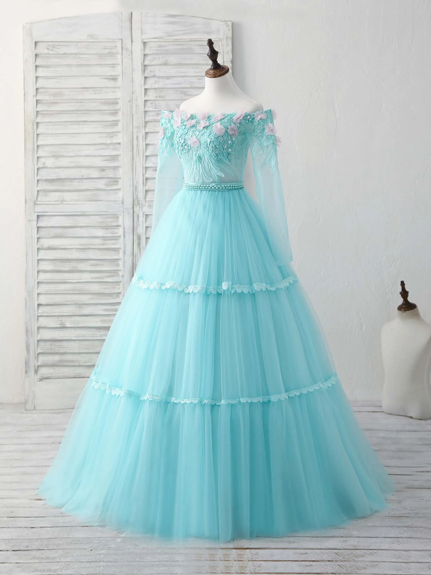 Unique Tulle Lace Applique Long Prom Dress, Green Evening Dress - Deanwangkt