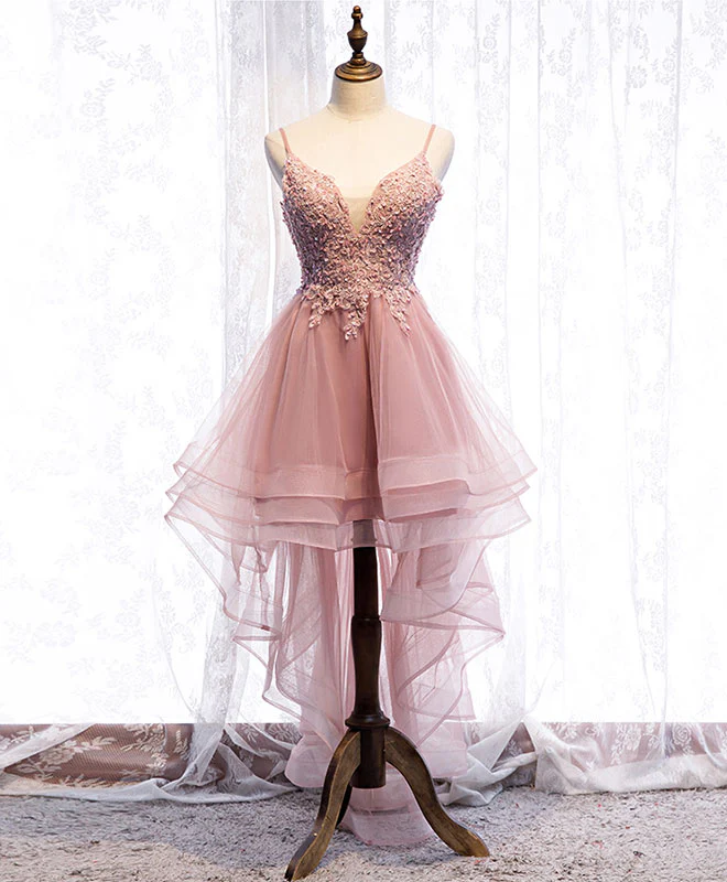 Pink Tulle Lace High Low Prom Dress, Pink Homecoming Dress - Deanwangkt