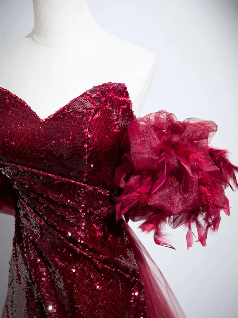 Mermaid Off Shoulder Sequin Burgundy Long Prom Dress, Burgundy Long Evening Dress - Deanwangkt