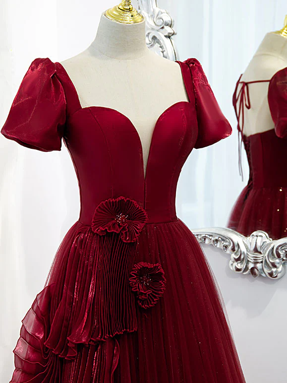 Burgundy Tulle Long Prom Dress, Burgundy Tulle Evening Dress - Deanwangkt