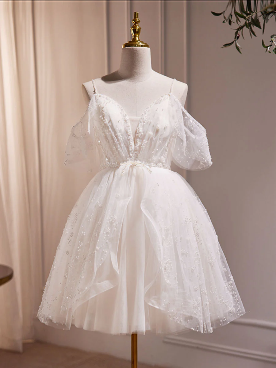 A-Line V Neck Tulle Short Beige Prom Dress, Cute Beige Homecoming Dress - Deanwangkt