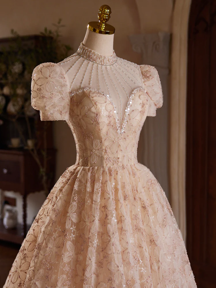 Champagne Pink Tulle Lace Tea Length Prom Dress with Beads - Deanwangkt