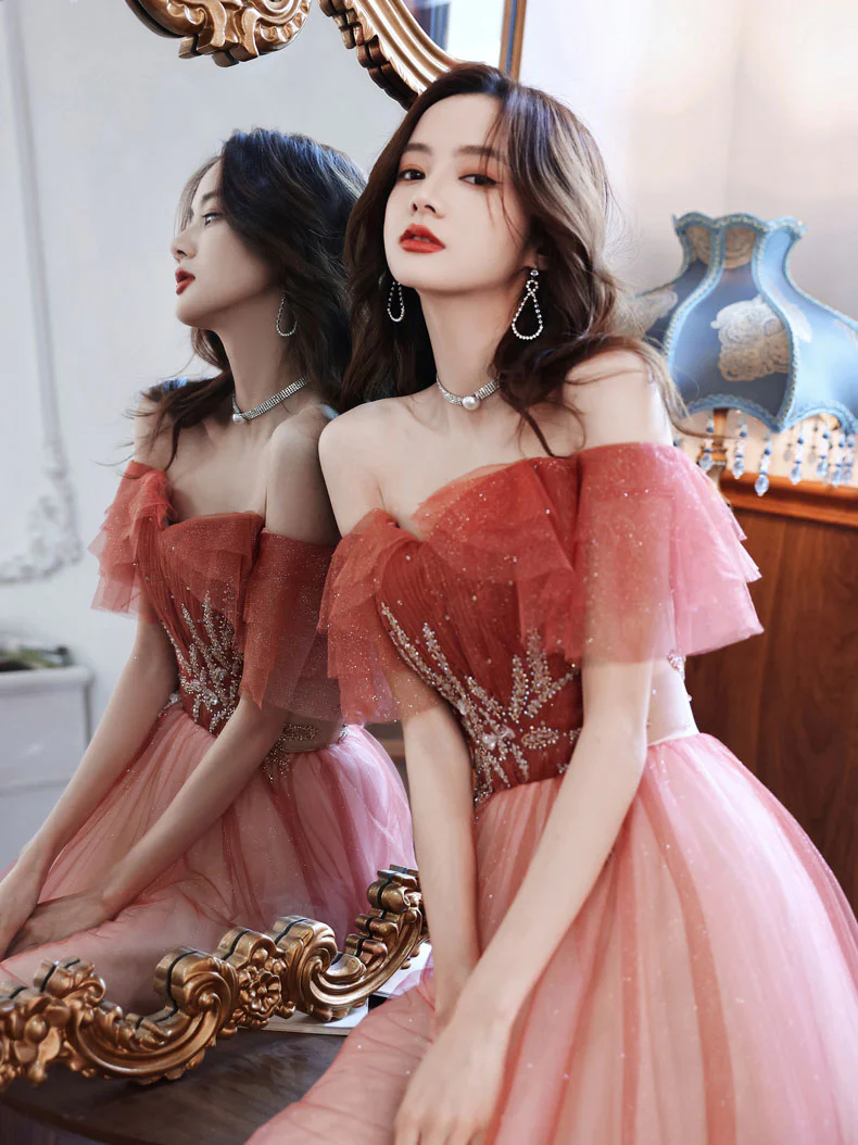 Burgundy A line Tulle Beads Long Prom Dress, Burgundy Formal Evening Dresses - Deanwangkt