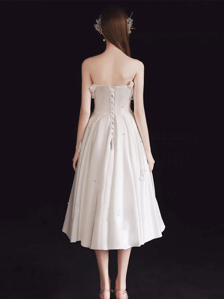 A-Line Sweetheart Neck Satin White Short Prom Dress, White Homecoming Dress - Deanwangkt