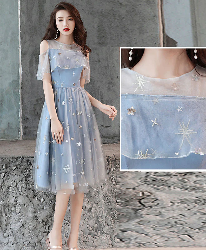 Gray Blue Tulle Lace Short Prom Dress, Gray Blue Homecoming Dress - Deanwangkt
