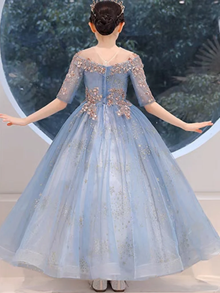 Blue Round Neck Tulle Sequin Lace Flower Girl Dress, Cute Blue Flower Girl Dress - Deanwangkt
