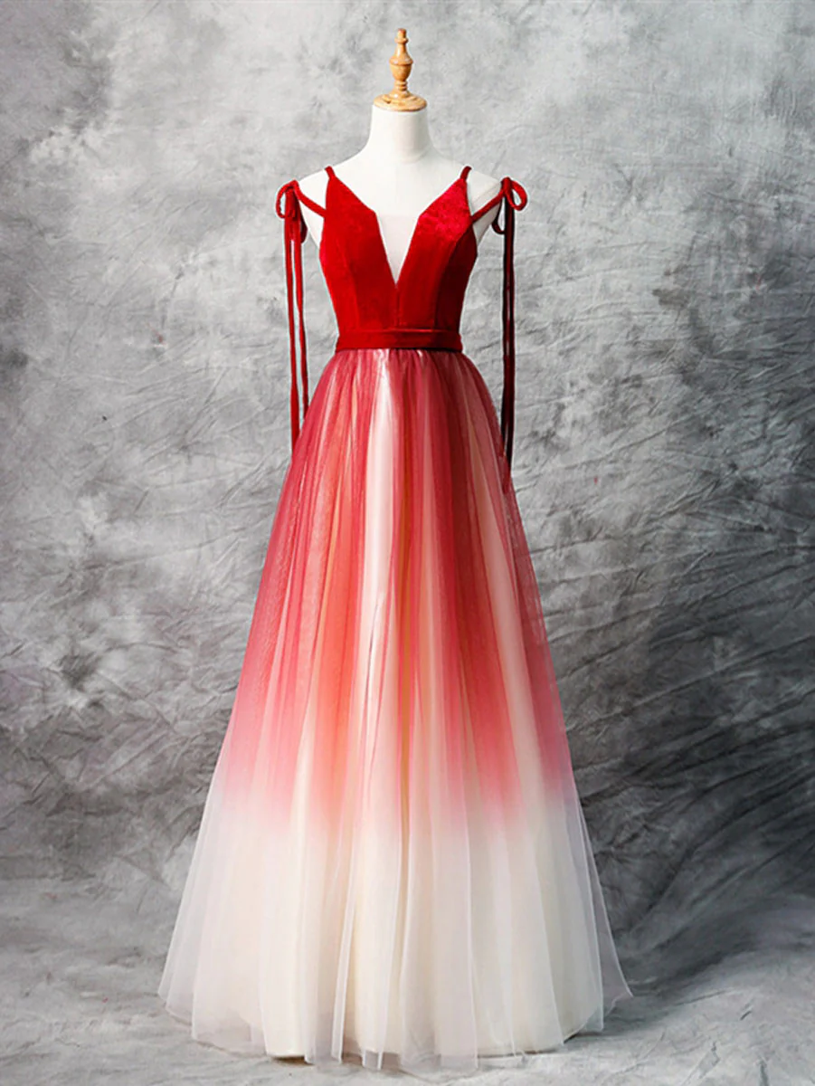A-Line Red Velvet Tulle Long Prom Dress, Red Formal Dress - Deanwangkt