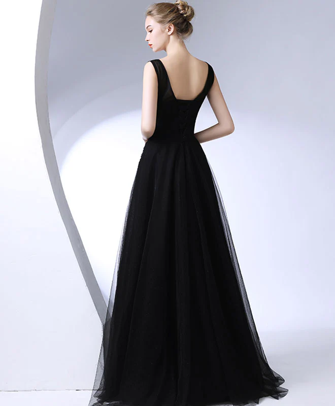 Black Round Neck Long Prom Dress, Black Evening Dress - Deanwangkt