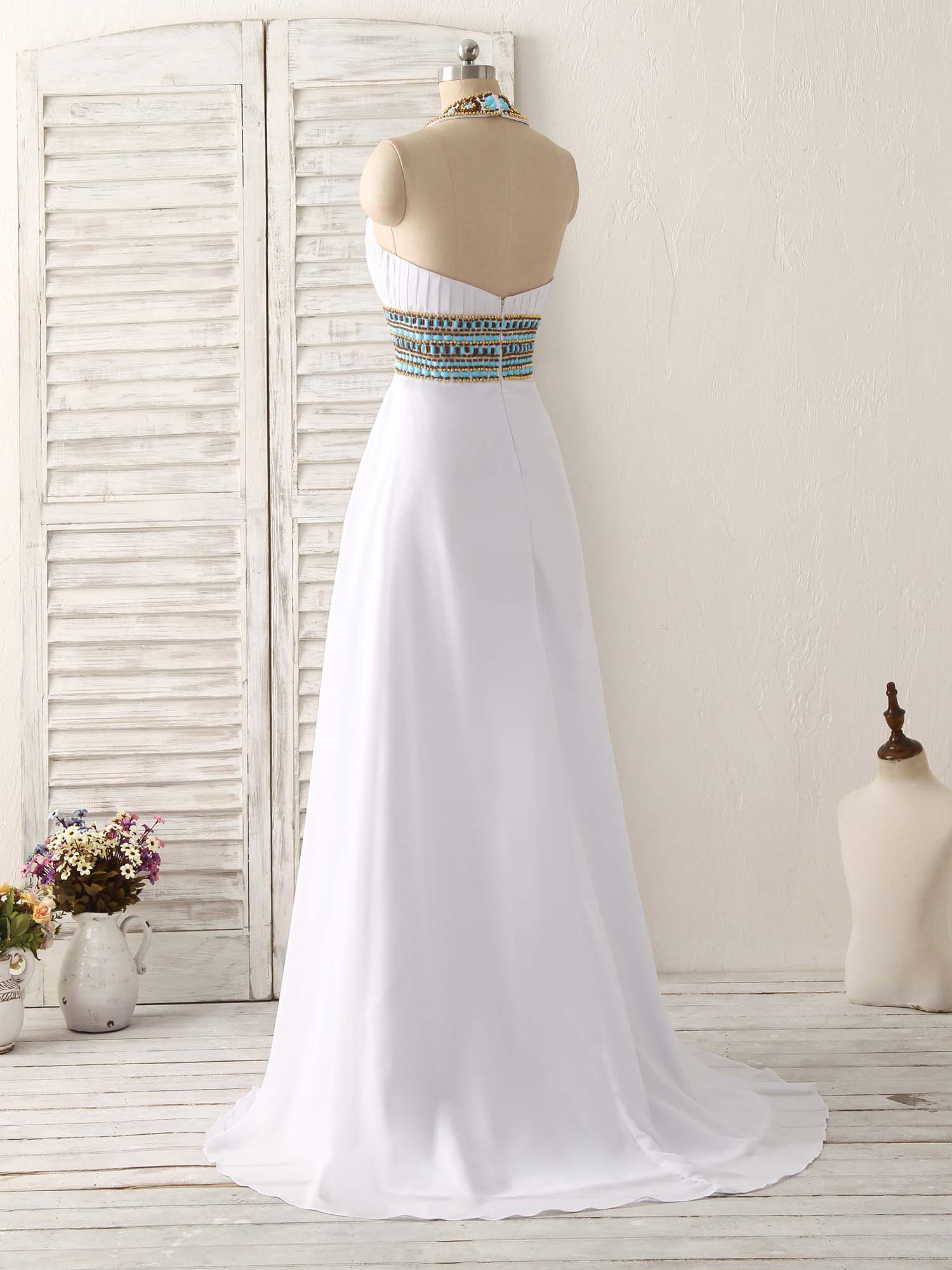 White Chiffon Beads Long Prom Dress, White Evening Dress - Deanwangkt
