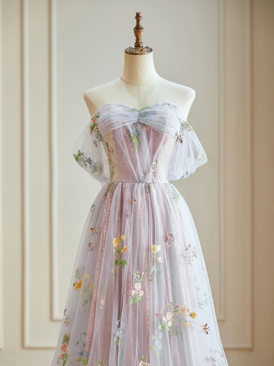 A-Line Off Shoulder Tulle Lace Sequin Purple Long Prom Dress, Purple Sequin Long Evening Dress - Deanwangkt