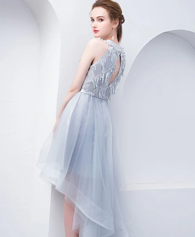 Cute High Neck Gray Tulle Short Prom Dress, Tulle Homecoming Dress - Deanwangkt