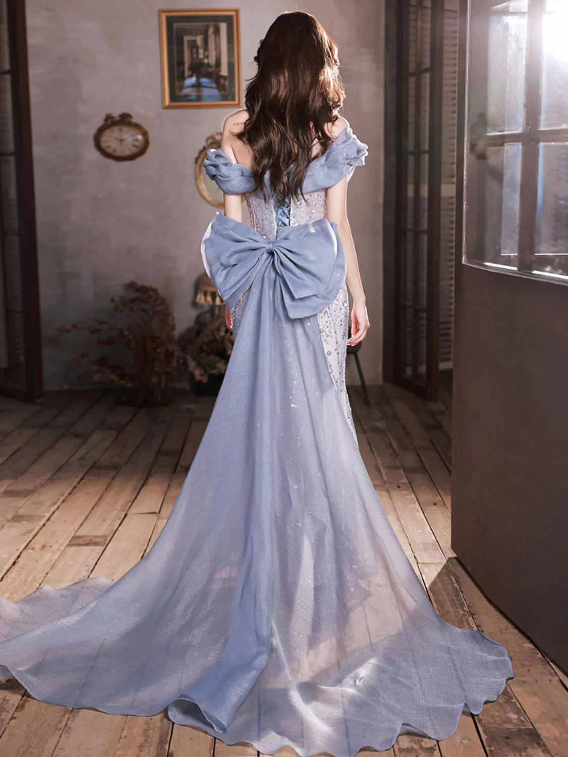 Blue Off Shoulder Tulle Sequin Mermaid Long Prom Dress, Blue Formal Dress - Deanwangkt