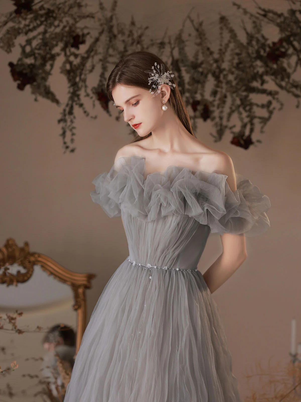Gray Tulle Off Shoulder Long Prom Dress, Gray Tulle Formal Dress - Deanwangkt